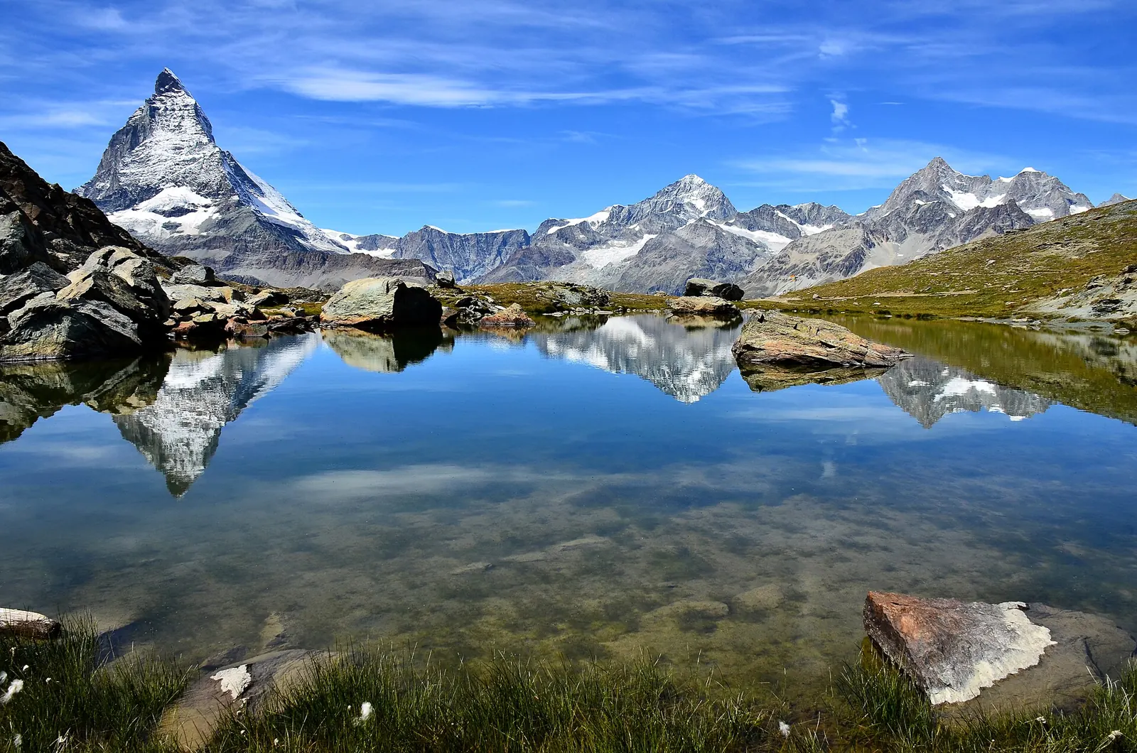 Matterhorn reflected in a mountain lake above Zermatt