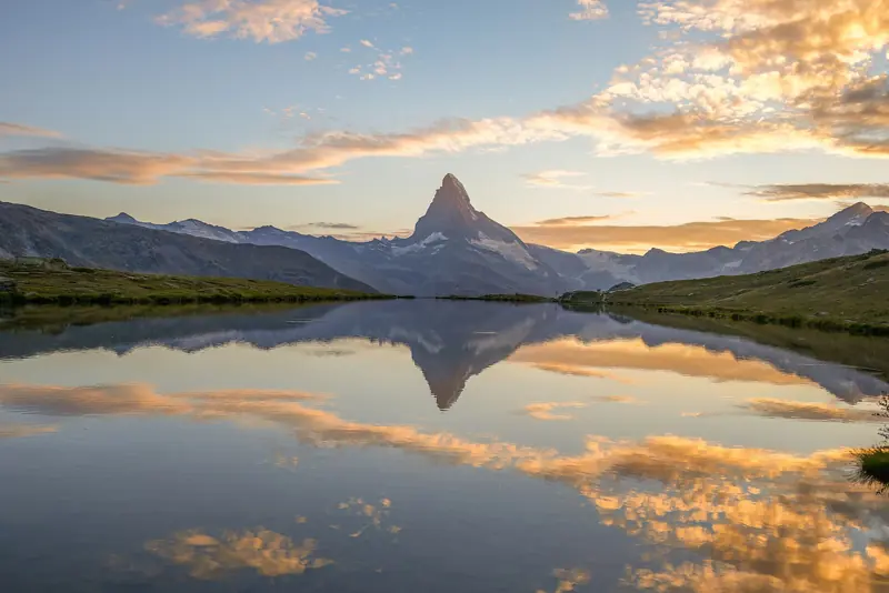 Matterhorn reflected in Stellisee on the Five Lakes Walk above Zermatt